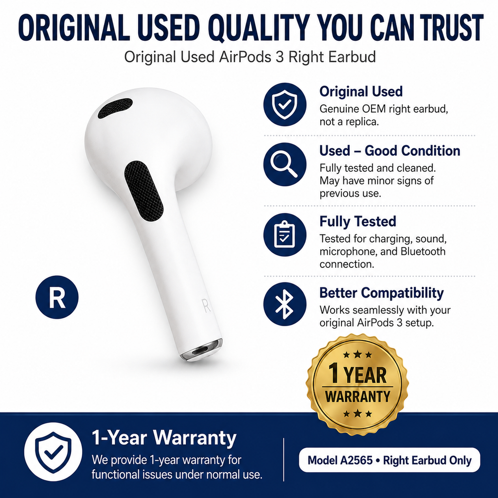 Original Used AirPods 3 Right Earbud Replacement – Genuine OEM A2565 Right Side Only for A2897 A2566 Charging Case, 1-Year Warranty