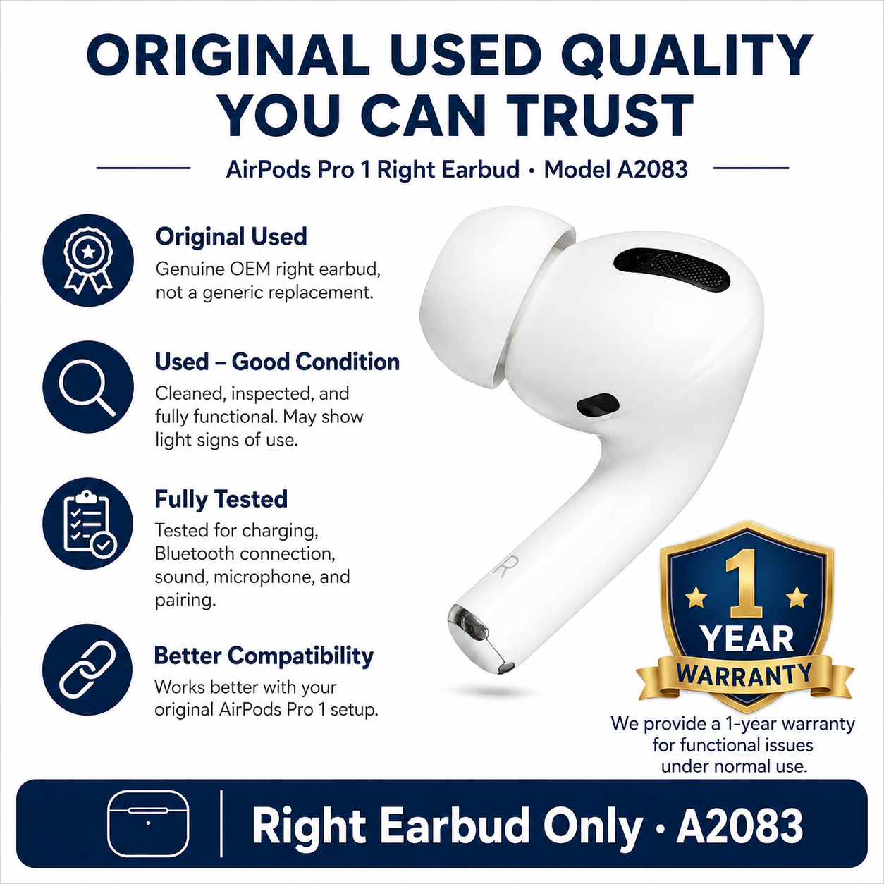 Original Used AirPods Pro 1st Gen A2083 Right Earbud Replacement – Genuine OEM Right Side Only for A2190 Charging Case, Compatible with A2084, 1-Year Warranty