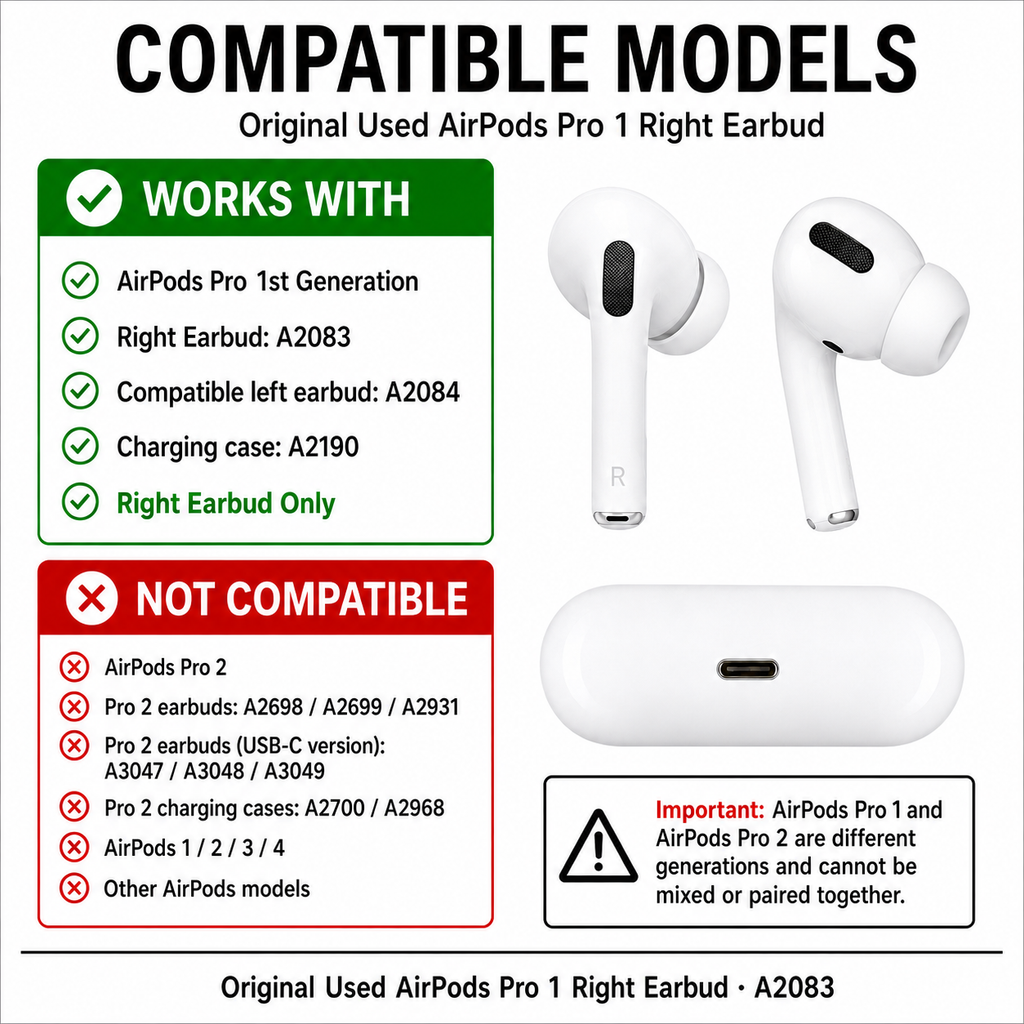 Original Used AirPods Pro 1st Gen A2083 Right Earbud Replacement – Genuine OEM Right Side Only for A2190 Charging Case, Compatible with A2084, 1-Year Warranty