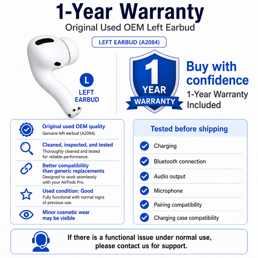 Original Used AirPods Pro 1st Gen A2084 Left Earbud Replacement – Genuine OEM Left Side Only for A2190 Charging Case, Compatible with A2083, 1-Year Warranty