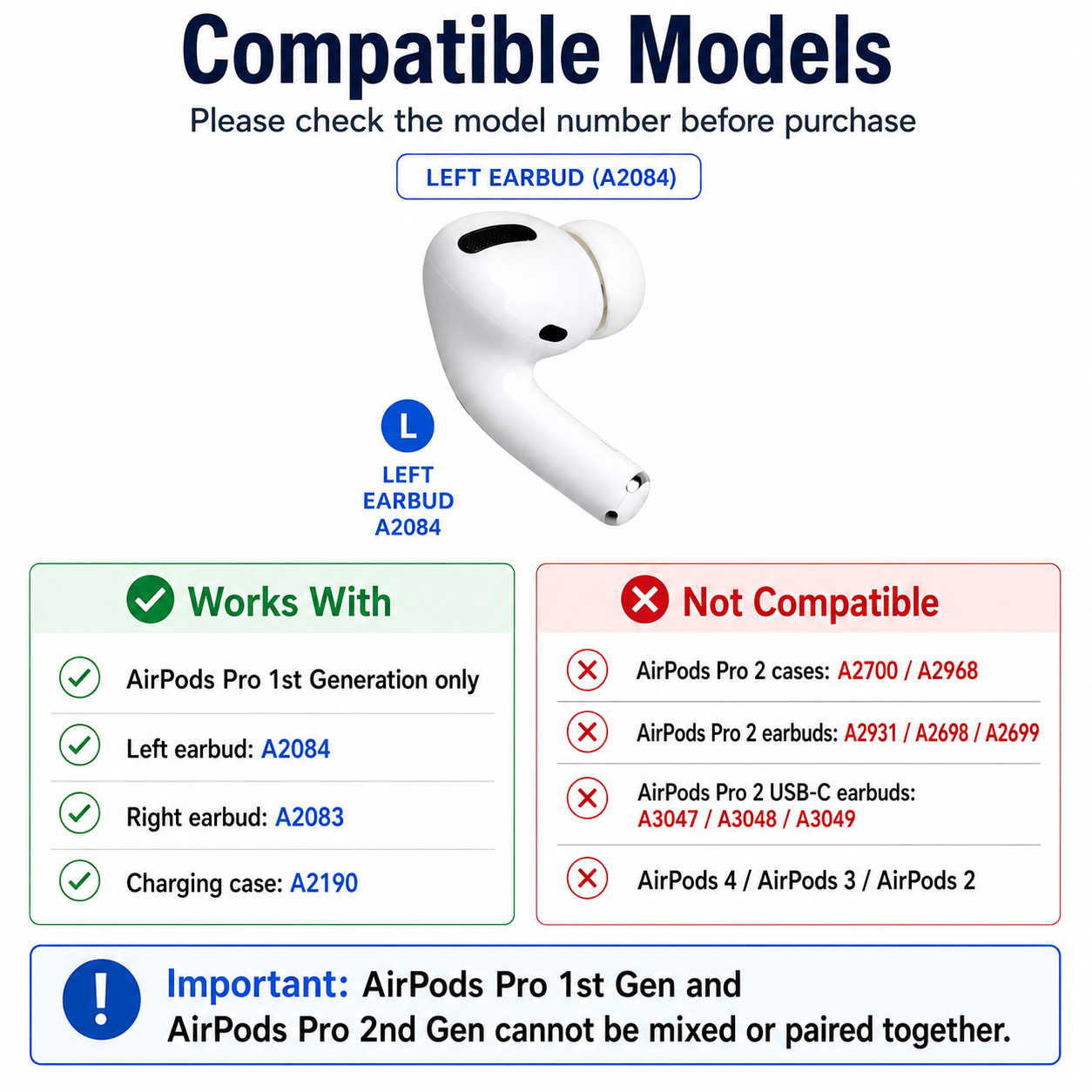 Original Used AirPods Pro 1st Gen A2084 Left Earbud Replacement – Genuine OEM Left Side Only for A2190 Charging Case, Compatible with A2083, 1-Year Warranty