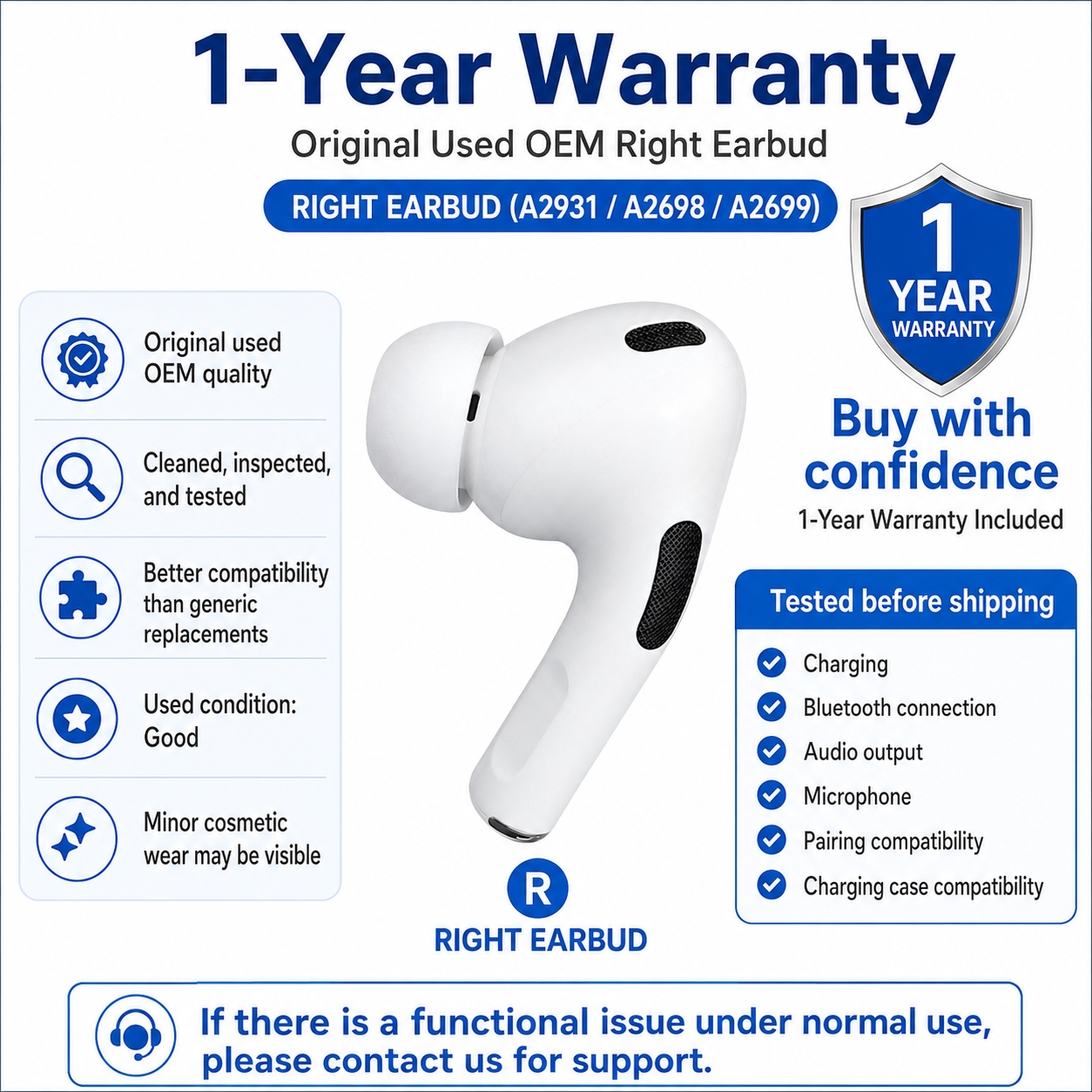 Original Used AirPods Pro 2nd Generation Lightning Left Earbud Replacement – Genuine OEM A2931 A2698 A2699 Left Side Only for A2700 Charging Case