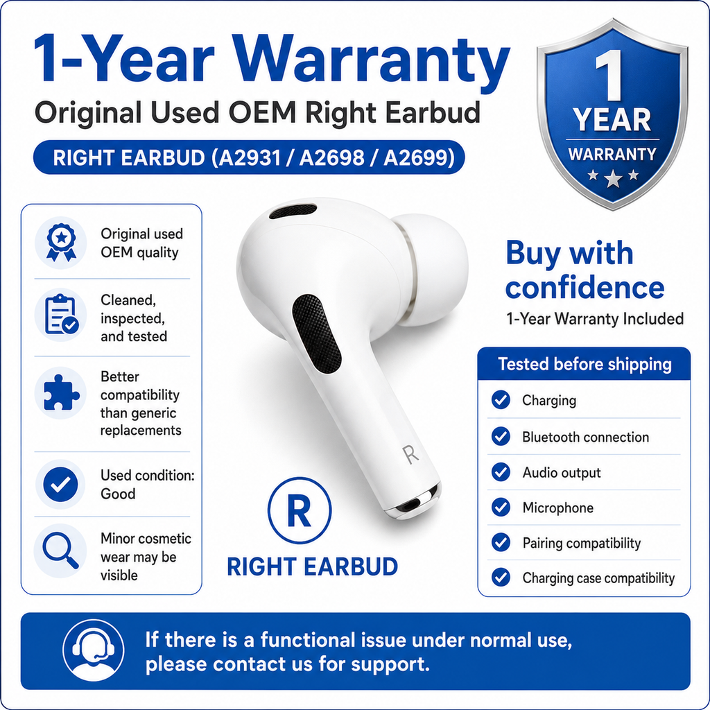 Original Used AirPods Pro 2nd Generation Lightning Right Earbud Replacement – Genuine OEM A2931 A2698 A2699 Right Side Only for A2700 Charging Case