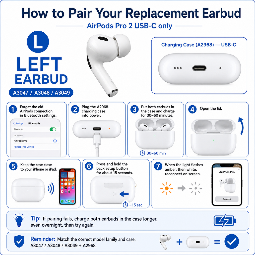 Original Used AirPods Pro 2nd Generation USB-C Right Earbud Replacement – Genuine OEM A3047 A3048 A3049 Right Side Only for A2968 Charging Case