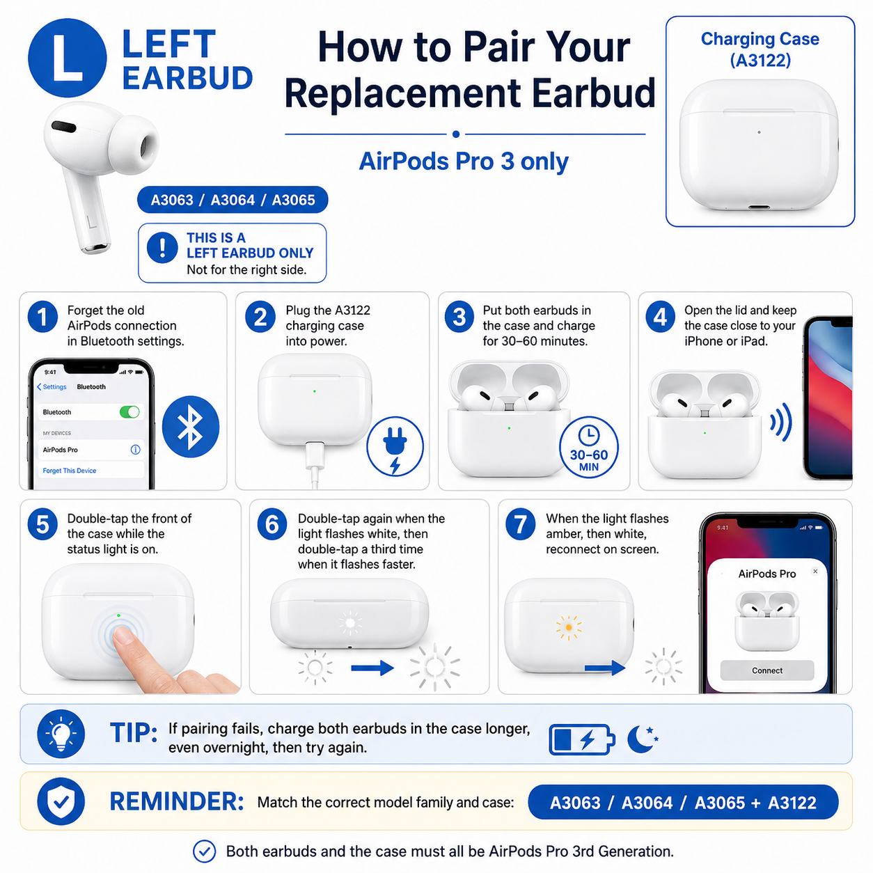 Original Used AirPods Pro 3 Left Earbud Replacement – Genuine OEM A3063 A3064 A3065 Left Side Only for A3122 Charging Case