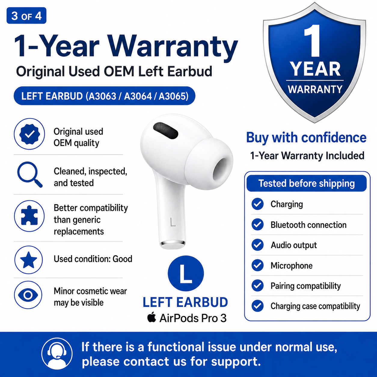Original Used AirPods Pro 3 Left Earbud Replacement – Genuine OEM A3063 A3064 A3065 Left Side Only for A3122 Charging Case
