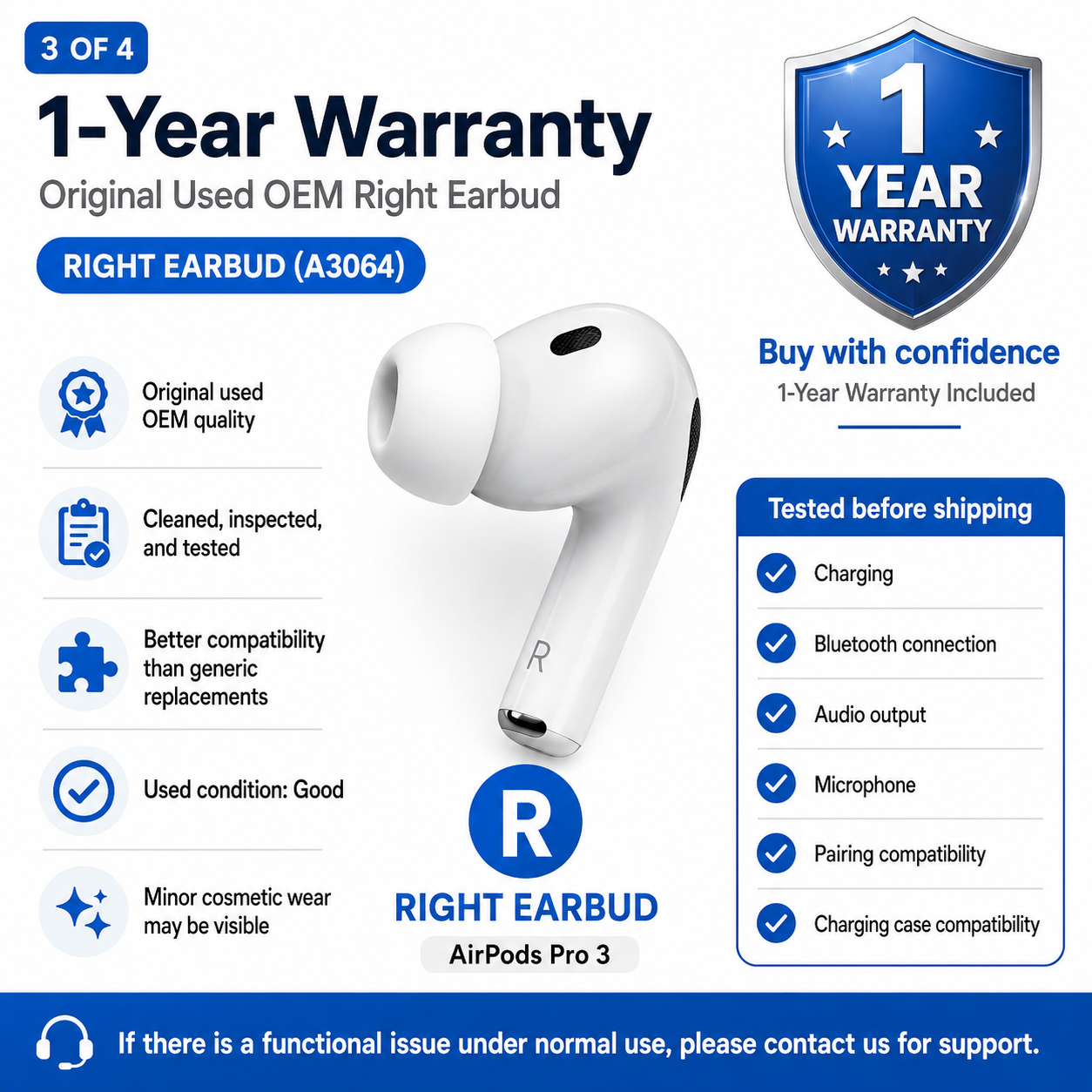 Original Used AirPods Pro 3 Right Earbud Replacement – Genuine OEM A3064 Right Side Only for A3122 Charging Case
