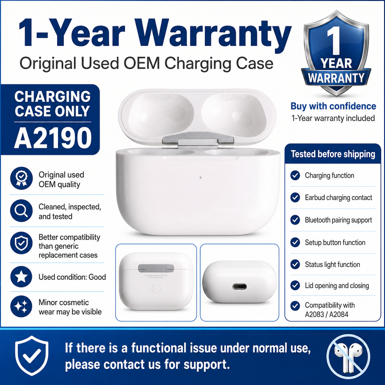 Original Used AirPods Pro 1st Generation A2190 Charging Case Replacement – Genuine OEM Charging Case Only for A2083 A2084 Earbuds
