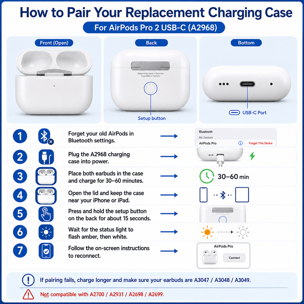 Original Used AirPods Pro 2nd Generation USB-C A2968 Charging Case Replacement – Genuine OEM Charging Case Only for A3047 A3048 A3049 Earbuds
