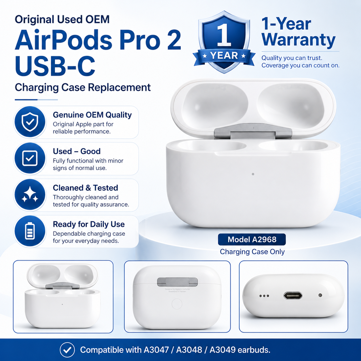 Original Used AirPods Pro 2nd Generation USB-C A2968 Charging Case Replacement – Genuine OEM Charging Case Only for A3047 A3048 A3049 Earbuds
