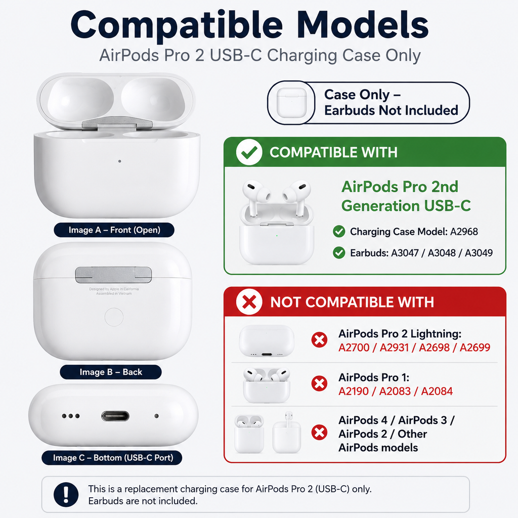 Original Used AirPods Pro 2nd Generation USB-C A2968 Charging Case Replacement – Genuine OEM Charging Case Only for A3047 A3048 A3049 Earbuds