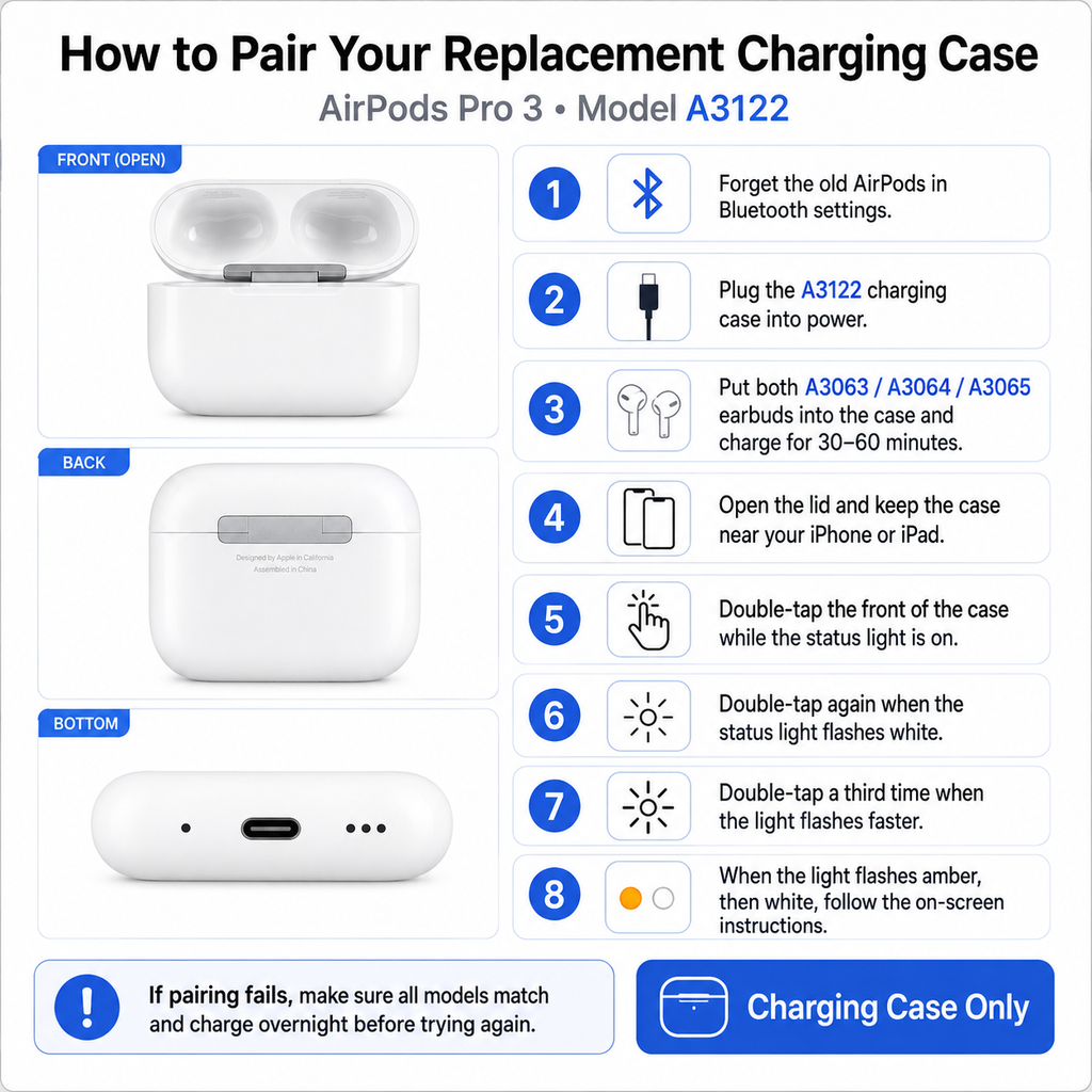 Original Used AirPods Pro 3 A3122 Charging Case Replacement – Genuine OEM Charging Case Only for A3063 A3064 A3065 Earbuds