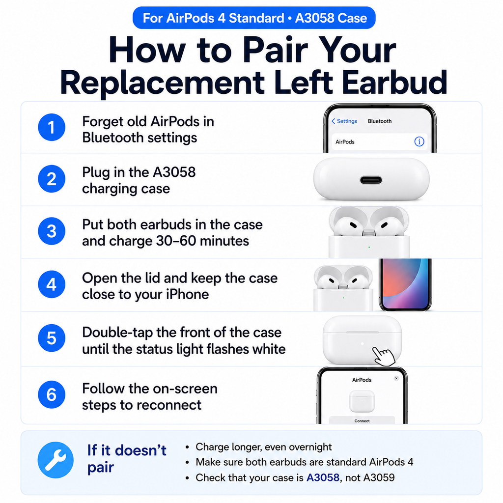 Original Used AirPods 4 Left Earbud Replacement – Genuine OEM A3050 A3053 A3054 Left Side Only for A3058 Case, 1-Year Warranty