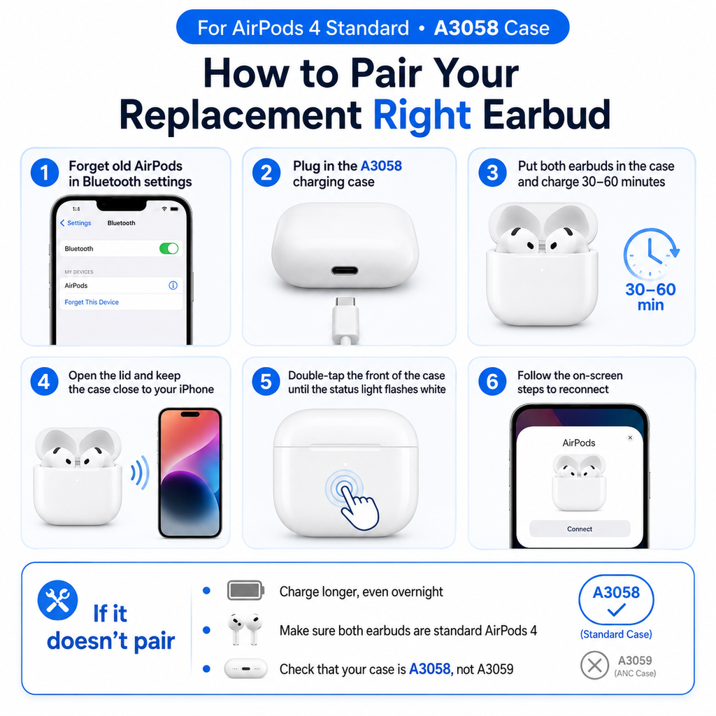 Original Used AirPods 4 Right Earbud Replacement – Genuine OEM A3050 A3053 A3054 Right Side Only for A3058 Case, Not for ANC Version, 1-Year Warranty
