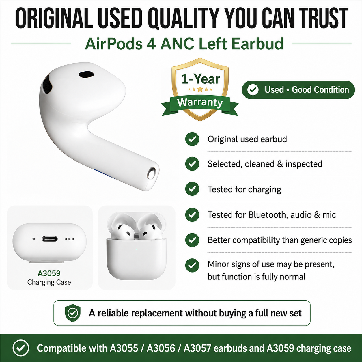 Original Used AirPods 4 ANC Left Earbud Replacement – Genuine OEM A3055 A3056 A3057 Left Side Only for A3059 Case, 1-Year Warranty