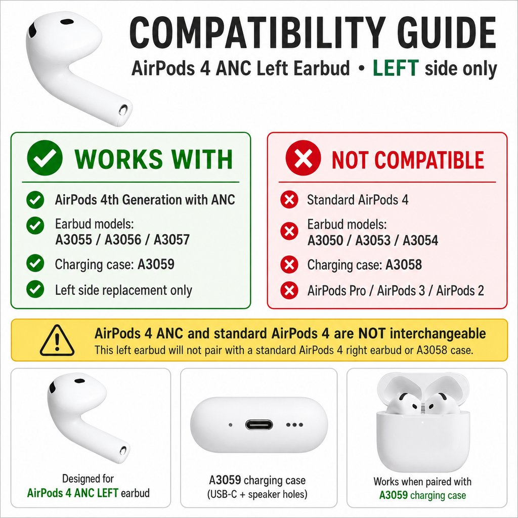 Original Used AirPods 4 ANC Left Earbud Replacement – Genuine OEM A3055 A3056 A3057 Left Side Only for A3059 Case, 1-Year Warranty