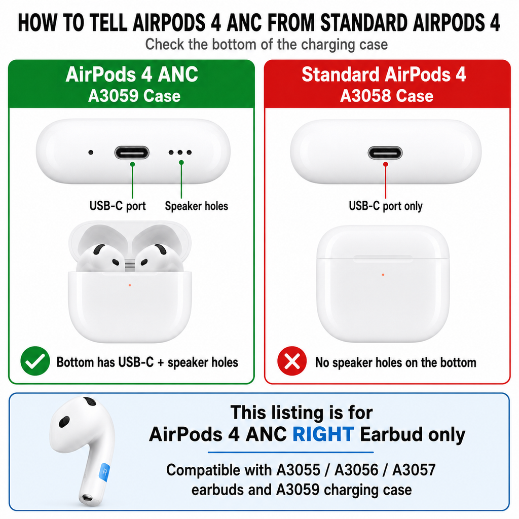 Original Used AirPods 4 ANC Right Earbud Replacement – Genuine OEM A3055 A3056 A3057 Right Side Only for A3059 Case, 1-Year Warranty