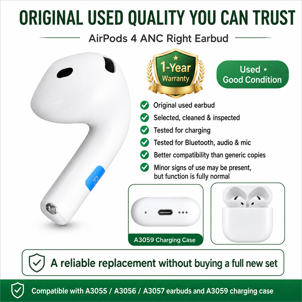 Original Used AirPods 4 ANC Right Earbud Replacement – Genuine OEM A3055 A3056 A3057 Right Side Only for A3059 Case, 1-Year Warranty