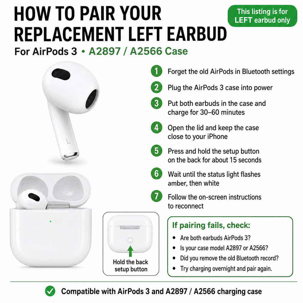 Original Used AirPods 3 Left Earbud Replacement – Genuine OEM A2564 Left Side Only for A2897 A2566 Charging Case, 1-Year Warranty