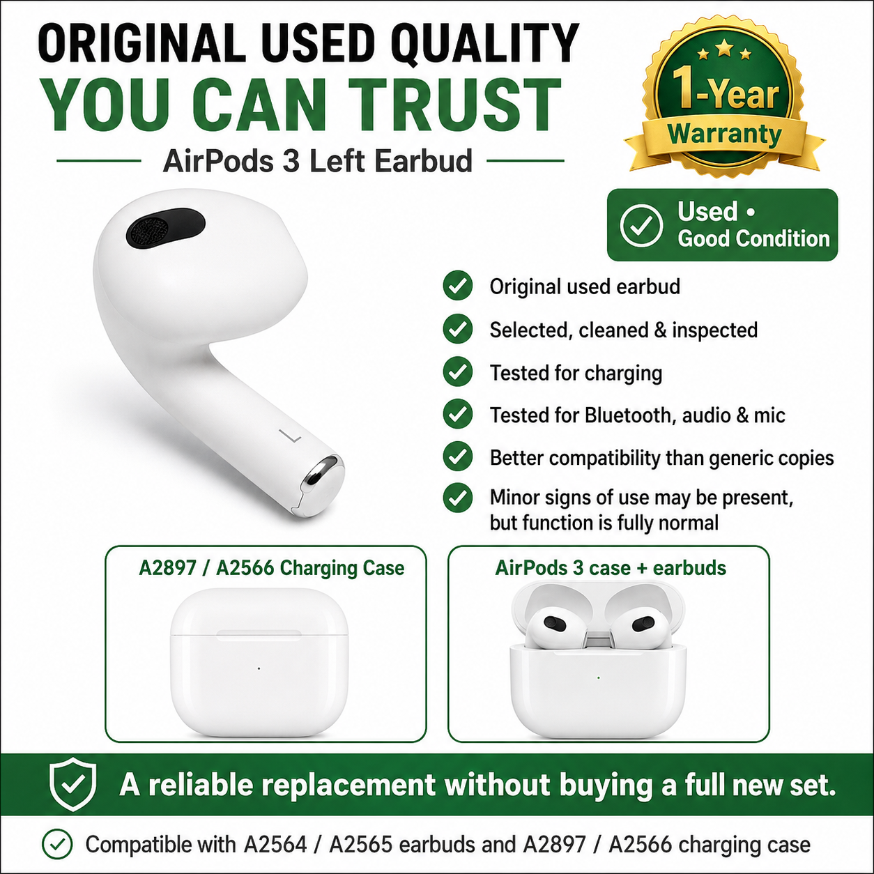 Original Used AirPods 3 Left Earbud Replacement – Genuine OEM A2564 Left Side Only for A2897 A2566 Charging Case, 1-Year Warranty