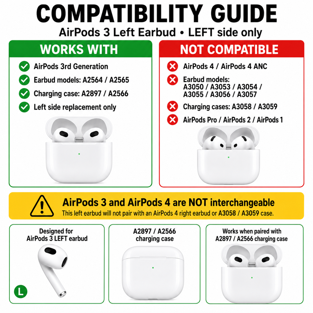Original Used AirPods 3 Left Earbud Replacement – Genuine OEM A2564 Left Side Only for A2897 A2566 Charging Case, 1-Year Warranty