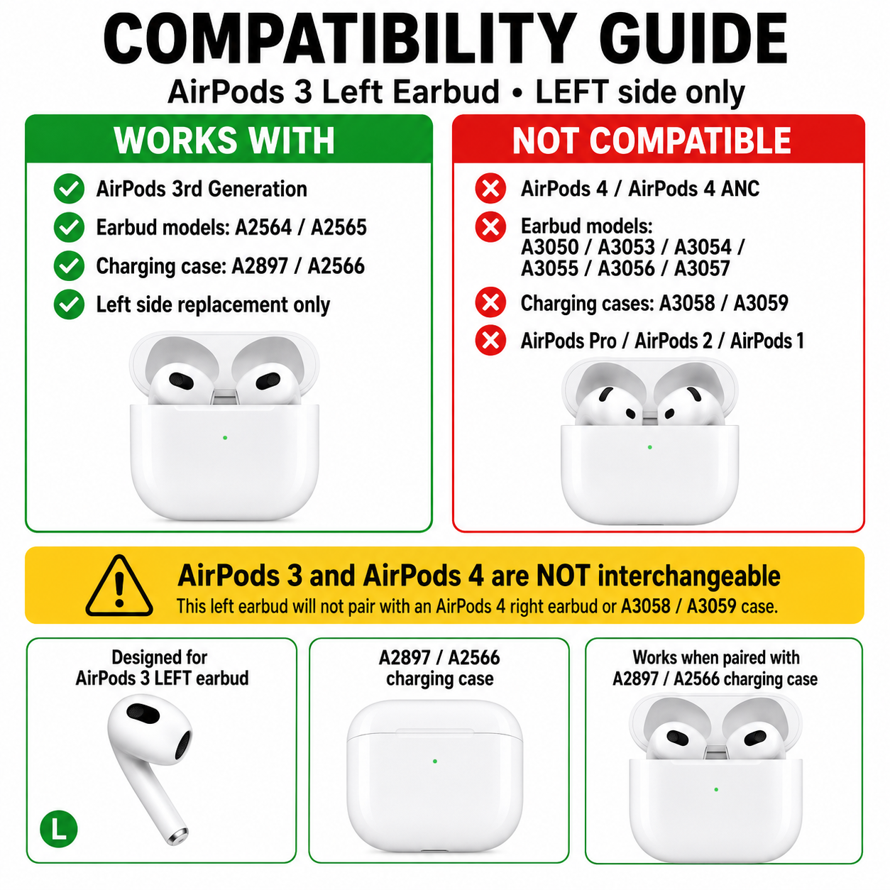 Original Used AirPods 3 Left Earbud Replacement – Genuine OEM A2564 Left Side Only for A2897 A2566 Charging Case, 1-Year Warranty