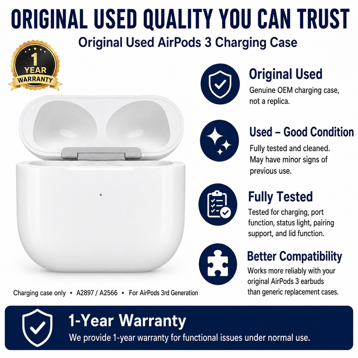 Original Used AirPods 3 Charging Case Replacement – Genuine OEM A2897 A2566 Case Only for A2564 A2565 Earbuds, 1-Year Warranty