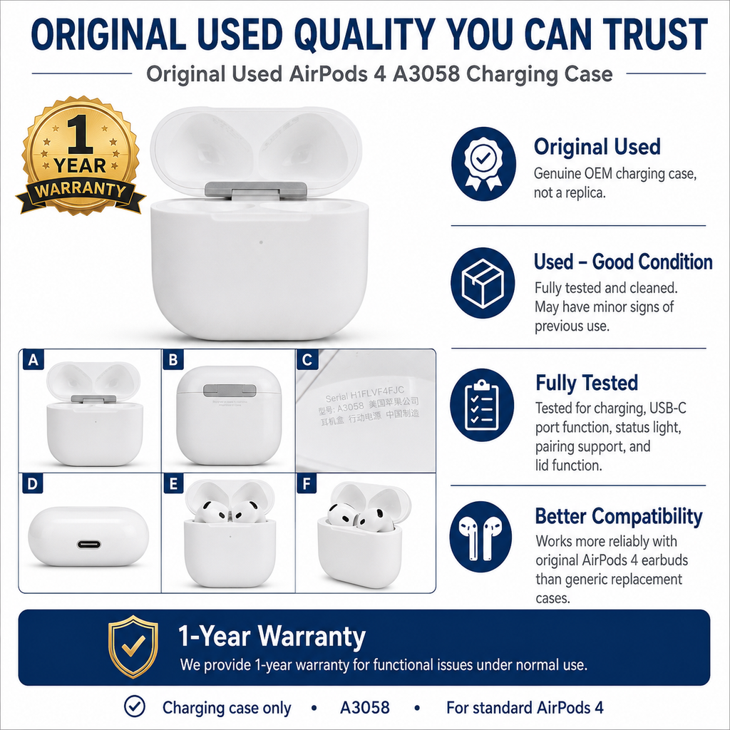Original Used AirPods 4 A3058 Charging Case Replacement – Genuine OEM Case Only for A3050 A3053 A3054 Earbuds, Not for ANC Version, 1-Year Warranty