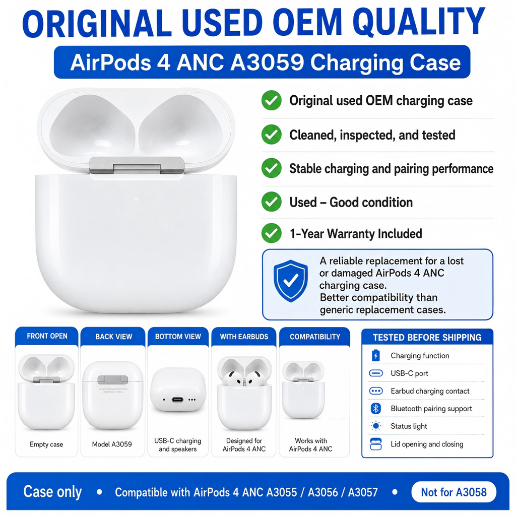 Original Used AirPods 4 ANC A3059 Charging Case Replacement – Genuine OEM Case Only for A3055 A3056 A3057 Earbuds, Not for A3058, 1-Year Warranty