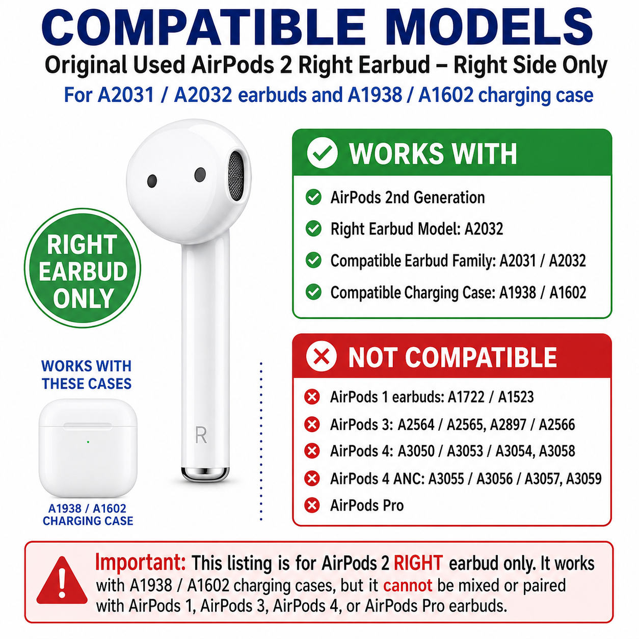 Original Used AirPods 2 Right Earbud Replacement – Genuine OEM A2032 Right Side Only for A1938 A1602 Charging Case, 1-Year Warranty