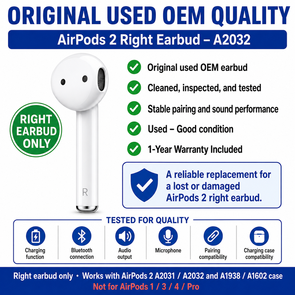 Original Used AirPods 2 Right Earbud Replacement – Genuine OEM A2032 Right Side Only for A1938 A1602 Charging Case, 1-Year Warranty