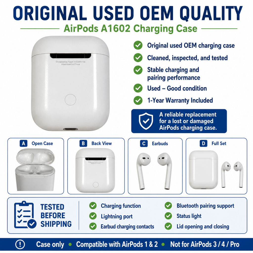 Original Used AirPods A1602 Charging Case Replacement – Genuine OEM Case Only for AirPods 1 &amp; 2 A1523 A1722 A2031 A2032 Earbuds, 1-Year Warranty