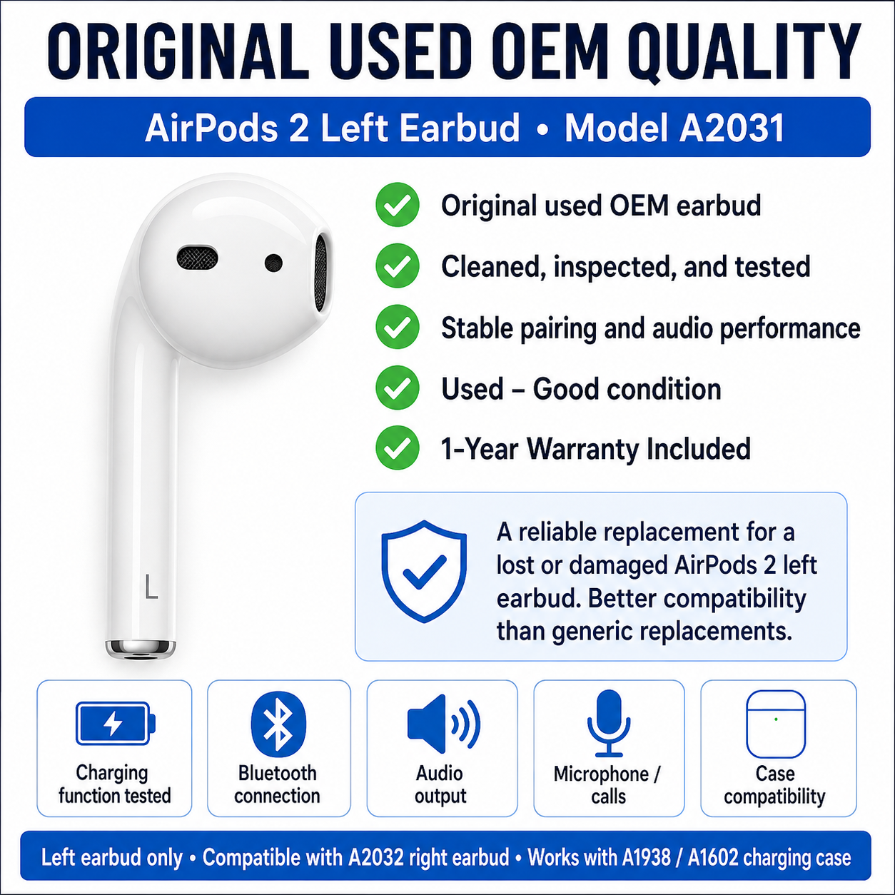 AirPods 2 Left Earbud Replacement – Genuine OEM A2031 | 1-Year Warranty